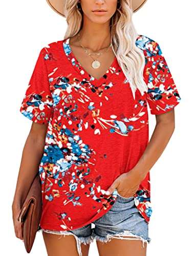 Damen-T-Shirts, Sommer-Kurzarm-Oberteile mit V-Ausschnitt für Frauen (Blumenblau, L) von MOLERANI