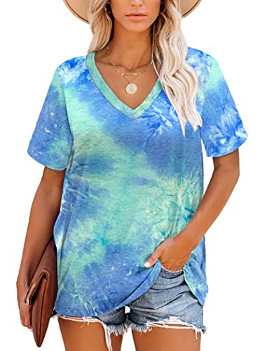 Damen-T-Shirts, Sommer-Kurzarm-Oberteile mit V-Ausschnitt für Frauen (Tie Dye Bleu, L) von MOLERANI