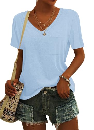 Damen T-Shirts Kurzarm T-Shirts Sommer Basic Loose Casual Tops Himmelblau 2XL von MOLERANI