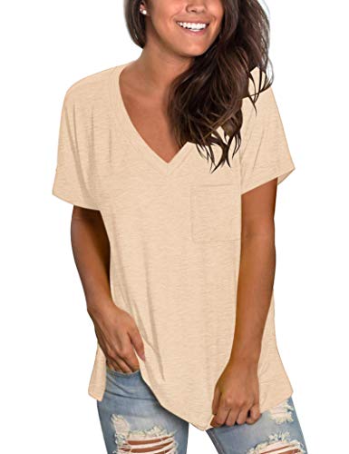 Damen T-Shirts Kurzarm leichte Tops mit V-Ausschnitt Basic Tees für Teen Apricot XL von MOLERANI