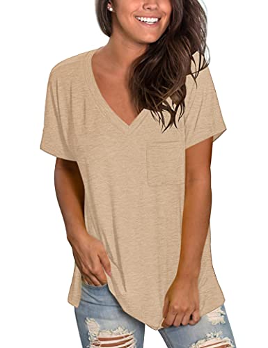 Frauen Tops Kurzarm V-Ausschnitt Bequeme T-Shirts Mode Kleidung Khaki M von MOLERANI