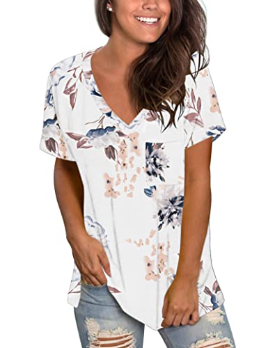 T-Shirts für Frauen Sommer Kurzarm Tops Bequeme T-Shirts V-Ausschnitt Gefärbt Blumenweiß S von MOLERANI