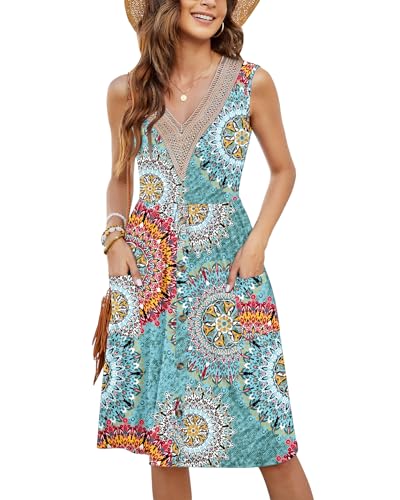 MOLERANI Boho Kleid Damen Ärmellos Spitze V-Ausschnitt Casual Kleider Botton Down Elastische Taille Swing Kleid mit Tasche Grün Drucken L von MOLERANI