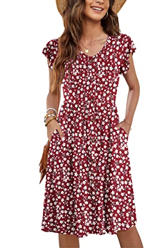 MOLERANI Boho Kleid Damen Rüschen Ärmel V-Ausschnitt Casual Swing Elastische Taille Midi Kleid mit Taschen Hellen Blumen Rot XL von MOLERANI