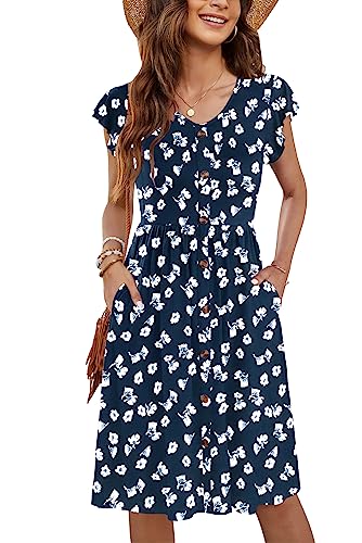 MOLERANI Button-Down Sommer Kleider Rüschen Ärmel V-Ausschnitt Casual Swing Elastische Taille Midi Kleid mit Taschen Blumen Navy 2XL von MOLERANI