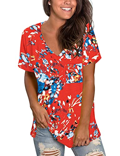 T-Shirts für Frauen Sommer Kurzarm Tops Bequeme T-Shirts V-Ausschnitt Gefärbt Blumenorange S von MOLERANI