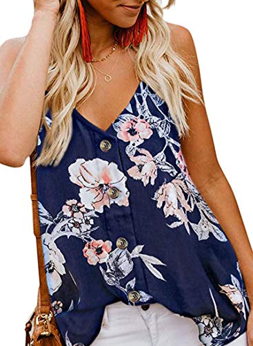 MOLERANI Damen Button Down V-Ausschnitt Riemchen Tanktops Lässige ärmellose Hemden Blusen verlieren (L, Blume Marineblau) von MOLERANI