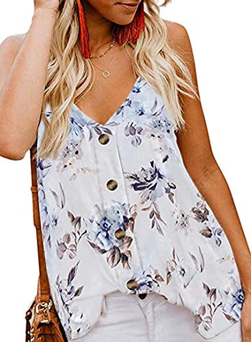 MOLERANI Damen Button Down V-Ausschnitt Riemchen Tanktops Lose lässige ärmellose Hemden Blusen (L, Blume Weiß) von MOLERANI