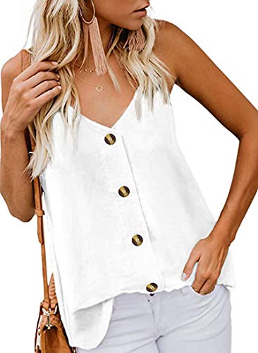 MOLERANI Damen Button Down V Neck Strappy Tank Tops Loose Casual Sleeveless Shirts Blouses Weiß S von MOLERANI