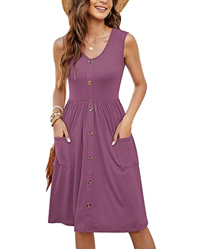 MOLERANI Damen Casual Kleider Plissee V-Ausschnitt ärmellos Button-Down einfarbige Sommerkleider(Mauve,L) von MOLERANI