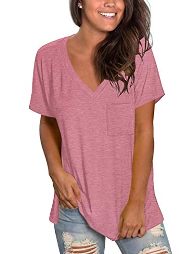 MOLERANI Damen Kurzarm T-Shirts mit V-Ausschnitt Lose lässige Sommer Tops T-Shirts Pink L. von MOLERANI