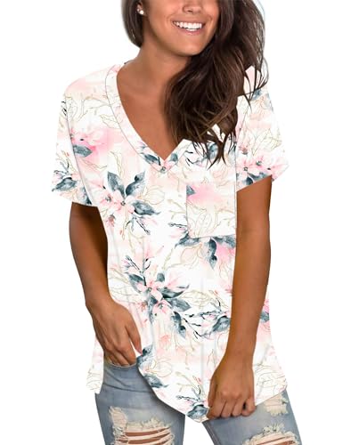 MOLERANI Damen Kurzarm Tops Sommer V-Ausschnitt Shirts Weiche Bequeme T-Shirts Floral White Pink S UK8-10 von MOLERANI