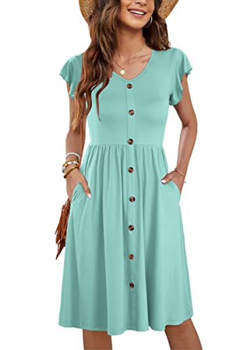 MOLERANI Damen Kurzarm V-Ausschnitt Button-Down Midi Skater Kleid mit Taschen Hellgrün 2XL von MOLERANI