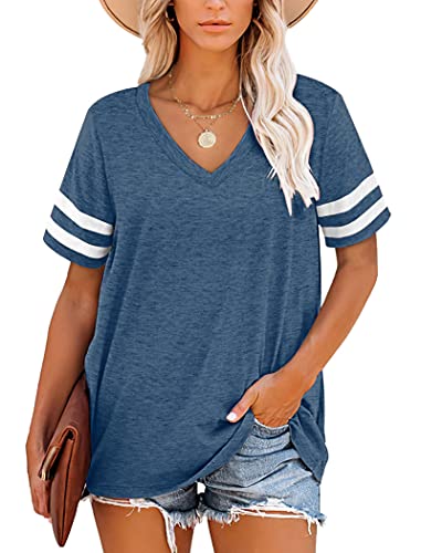 MOLERANI Damen Kurzarm V-Ausschnitt T-Shirts Sommer Tops Gestreifte Trim Lässige Lose T-Shirt Dunkelblau M von MOLERANI