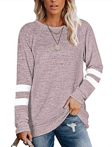 MOLERANI Damen Langarm Rundhals Freizeit T Shirts Blusen Sweatshirts Tunika Tops mit Tasche (L, Grau Pink) von MOLERANI