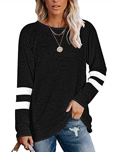 MOLERANI Damen Langarm Rundhals Freizeit T Shirts Blusen Sweatshirts Tunika Tops mit Tasche (L, Schwarz) von MOLERANI