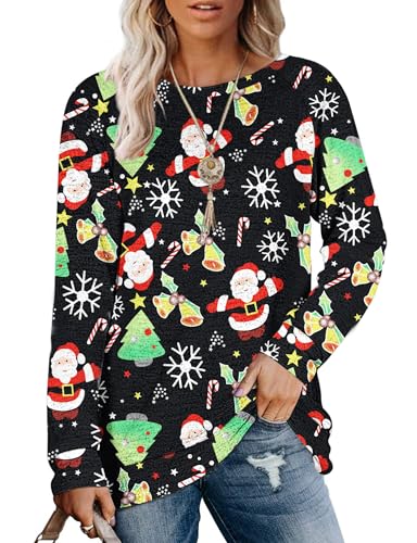 MOLERANI Damen Langarm Rundhals Freizeit T Shirts Blusen Sweatshirts Tunika Tops mit Tasche (L, Weihnachtsmann) von MOLERANI