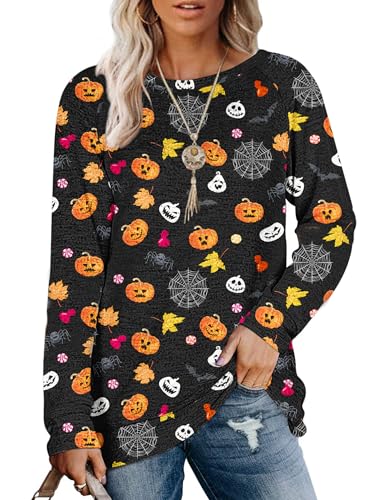 MOLERANI Damen Langarm Rundhals Freizeit T Shirts Blusen Sweatshirts Tunika Tops mit Tasche (XL, Halloween-Kürbis) von MOLERANI