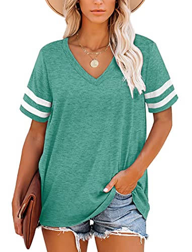 MOLERANI Damen Shirts Kurzarm V-Ausschnitt Gestreift Sommer Tops Casual Lose T-Stück Grasgrün S von MOLERANI