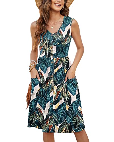 MOLERANI Damen Sommer Blumen Sommerkleid V-Ausschnitt Knopfleiste Ärmellos Kleid mit Taschen(Blattdruck,2XL) von MOLERANI