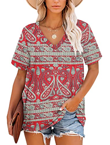 MOLERANI Damen-Sommer-Tops, kurzärmelig, V-Ausschnitt, für Fitnessstudio, Kleidung (Boho Blumenrot, M) von MOLERANI