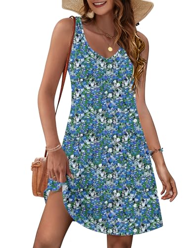 MOLERANI Damen Sommerkleid Ärmellos V-Ausschnitt Strandkleid Knielang Freizeitkleider Casual Midikleid mit Taschen Blume Blau XL von MOLERANI