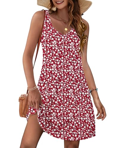MOLERANI Damen Sommerkleid Ärmellos V-Ausschnitt Strandkleid Knielang Freizeitkleider Casual Midikleid mit Taschen Blume Rot XXL von MOLERANI
