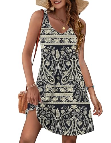 MOLERANI Damen Sommerkleid Ärmellos V-Ausschnitt Strandkleid Knielang Freizeitkleider Casual Midikleid mit Taschen Boho Floral Schwarz L von MOLERANI