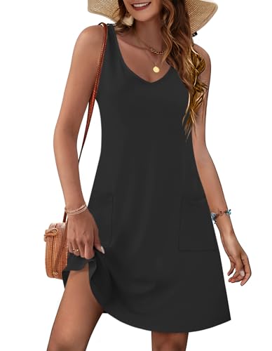 MOLERANI Damen Sommerkleid Ärmellos V-Ausschnitt Strandkleid Knielang Freizeitkleider Casual Midikleid mit Taschen Schwarz XL von MOLERANI