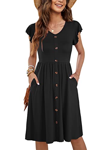 MOLERANI Damen Sommerkleid Rüschen Ärmel V-Ausschnitt Casual Swing Elastische Taille Midi Kleid mit Taschen Plain Schwarz M von MOLERANI