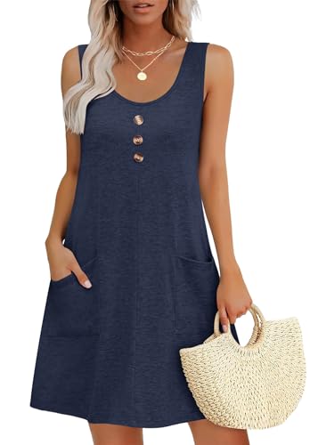 MOLERANI Damen Sommerkleider Ärmellos Kleid mit Rundhalsausschnitt Lässig Locker Midikleid mit Taschen Dunkelblau M von MOLERANI