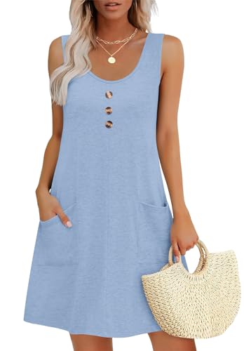 MOLERANI Damen Sommerkleider Ärmellos Kleid mit Rundhalsausschnitt Lässig Locker Midikleid mit Taschen Himmelblau M von MOLERANI