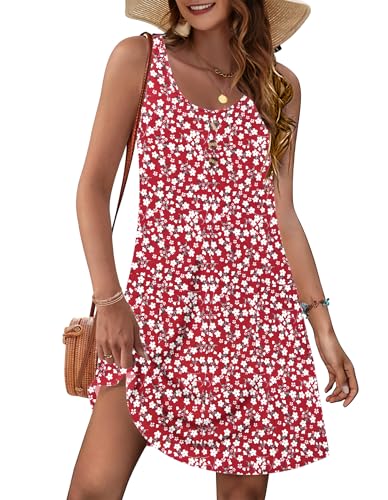 MOLERANI Damen Sommerkleider Ärmellos Kleid mit Rundhalsausschnitt Lässig Locker Midikleid mit Taschen Kleine rote Blumen L von MOLERANI