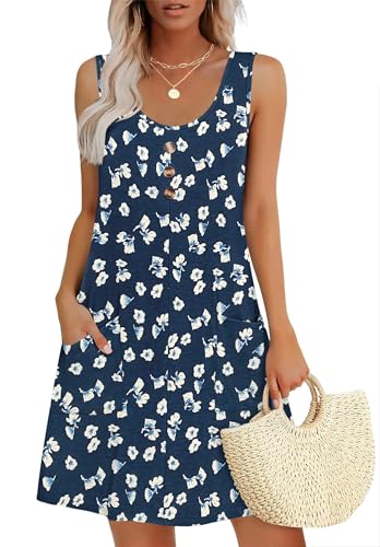 MOLERANI Damen Sommerkleider Ärmellos Kleid mit Rundhalsausschnitt Lässig Locker Midikleid mit Taschen marineblaues Blümchen M von MOLERANI