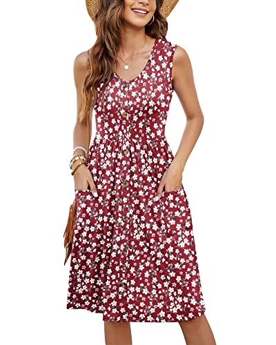 MOLERANI Damen Sommerkleider Ärmellos Lässig Locker Swing Button-Down Midikleid mit Taschen(Blumen Rot,2XL) von MOLERANI