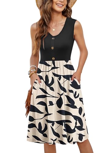 MOLERANI Damen Sommerkleider Ärmellos Lässig Locker Swing T-Shirt Button-Down Midikleid mit Taschen Aprikose Schwarzblatt XL von MOLERANI