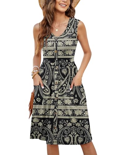 MOLERANI Damen Sommerkleider Ärmellos Lässig Locker Swing T-Shirt Button-Down Midikleid mit Taschen Boho Floral Schwarz S von MOLERANI