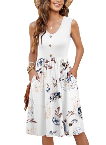 MOLERANI Damen Sommerkleider Ärmellos Lässig Locker Swing T-Shirt Button-Down Midikleid mit Taschen Weiße Blumen S von MOLERANI