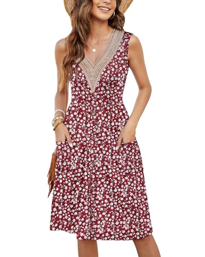 MOLERANI Damen Sommerkleider Ärmellos Spitze V-Ausschnitt Casual Kleider Botton Down Elastische Taille Swing Kleid mit Tasche Floral Red 2XL von MOLERANI