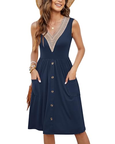 MOLERANI Damen Sommerkleider Ärmellos Spitze V-Ausschnitt Casual Kleider Botton Down Elastische Taille Swing Kleid mit Tasche Marineblau 2XL Size von MOLERANI