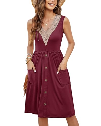 MOLERANI Damen Sommerkleider Ärmellos Spitze V-Ausschnitt Casual Kleider Botton Down Elastische Taille Swing Kleid mit Tasche Rotwein 2XL von MOLERANI