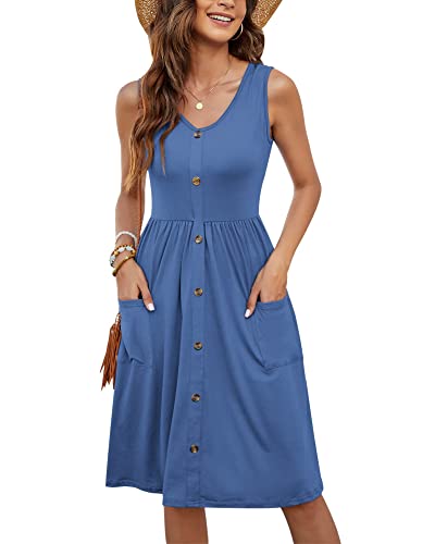 MOLERANI Lässige Kleider für Damen V-Ausschnitt Swing Flowy Sommerkleider mit Tasche(Beja Blue,L) von MOLERANI