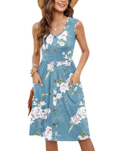 MOLERANI Damen V-Ausschnitt Floral Sommerkleider Sommer Casual Swing Kleid mit Taschen(Floral Hellblau,M) von MOLERANI
