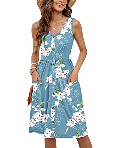 MOLERANI Lässige Sommerkleider mit Taschen für Damen, ärmelloses, geknöpftes, fließendes Skaterkleid mit Blumenmuster (Blumen, Hellblau, XL) von MOLERANI