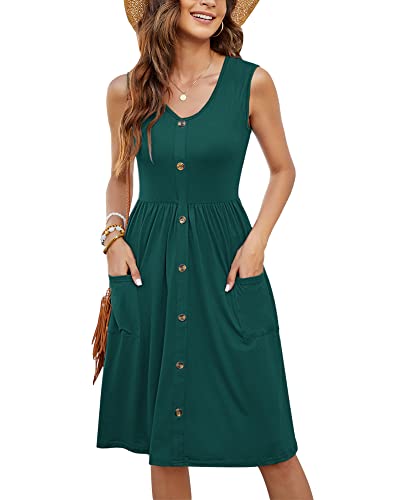 MOLERANI Sommerkleider Damen Sommer Casual Swing V-Ausschnitt Button-Down-Kleid mit Tasche (Dunkelgrün,XL) von MOLERANI