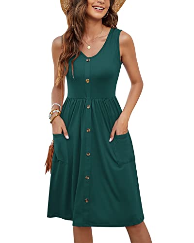 MOLERANI Damen Casual Kleider Knielang Button-Down Ärmelloses Sommerkleid mit Taschen(Dunkelgrün,2XL) von MOLERANI