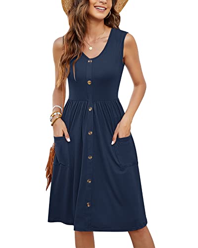 MOLERANI Damen Sommerkleider Ärmellos Lässig Locker Swing Button-Down Midikleid mit Taschen(Marineblau,2XL) von MOLERANI