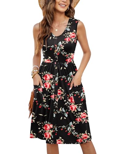 MOLERANI Damen ärmelloses, locker sitzendes Kleid in A-Linie mit ausgestelltem Blumenmuster(Rose Black,L) von MOLERANI