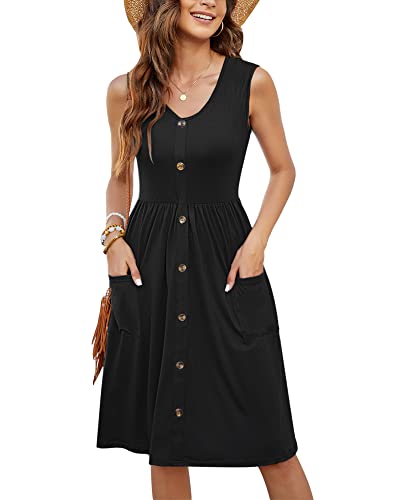 MOLERANI Schwarzes Kleid für Damen, Sommer, ärmellos, plissiert, mit Knöpfen, Swing-Freizeitkleid mit Tasche (schwarz, M) von MOLERANI