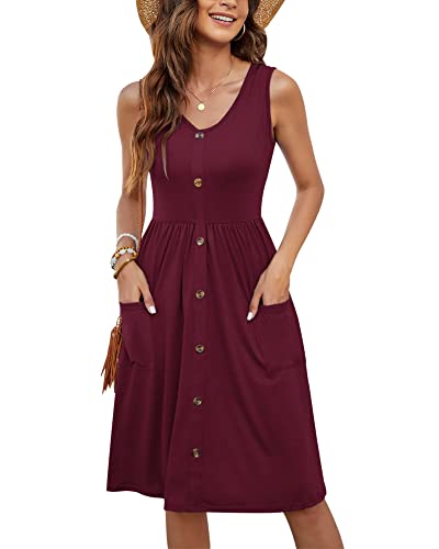 MOLERANI Lässige Kleider für Damen Plissee V-Ausschnitt ärmelloses Button-Down-Sommerkleid (Weinrot, L) von MOLERANI